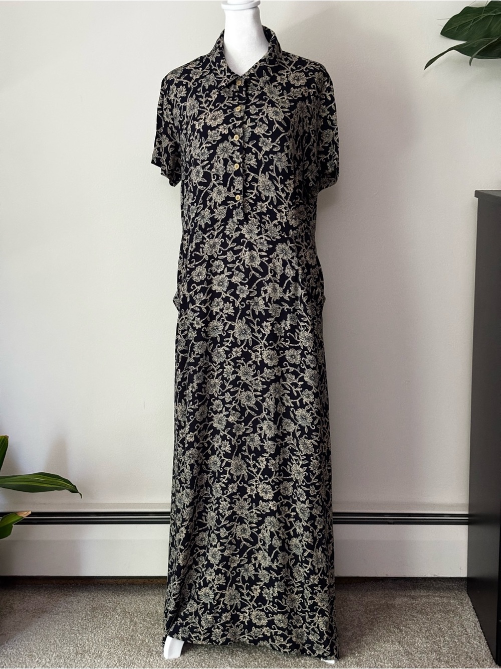 Eddie Bauer Black Blue Maxi Dress with Cream Floral Print Village Core